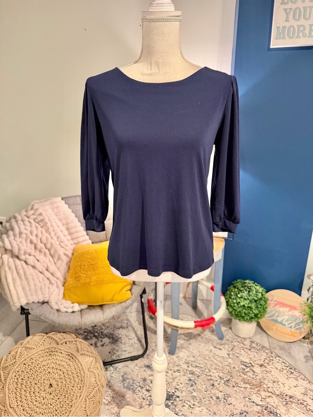 Monteau Navy Gathered Sleeve Blouse M NWOT
